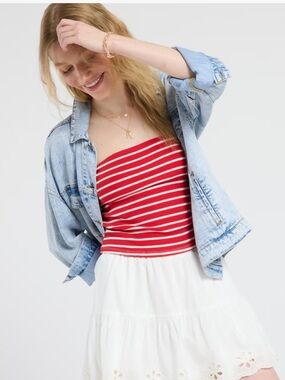 Tube Top Large Womens Strapless Ruched Red White Striped New